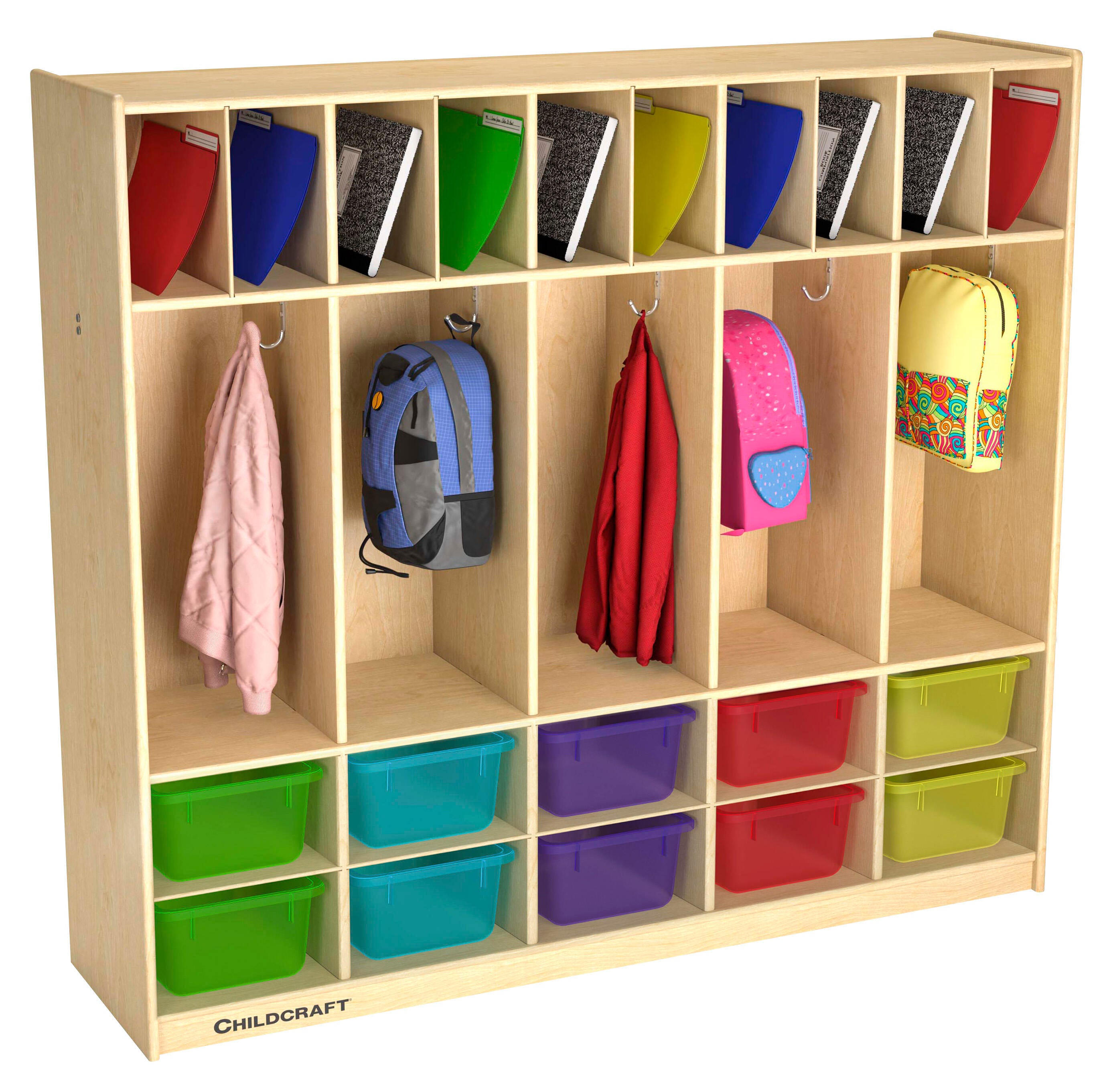 Childcraft Double-Bin Coat Locker with 10 Translucent-Color Bins, 53-3/4 x 14-1/4 x 48 Inches 2162719